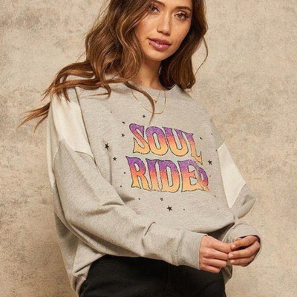 Women's Vintage-style French Grey Multicolor Terry Knit Graphic Sweatshirt NWT
